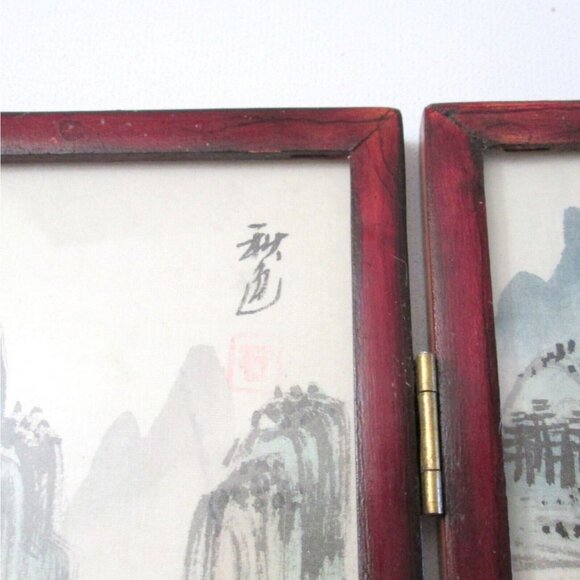 Vintage Miniature Chinese Four Panel Screen Dual Sided Hand Painted Signed 6.5" - Picture 11 of 13